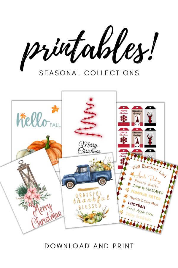 Affordable seasonal decor with printables. Fall printables. Christmas printables. Printable christmas cards.